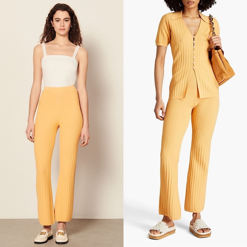 SANDRO Pointelle Trim Rib‎ Knit High Rise Ankle Crop Bootcut Flare Leg Pants M